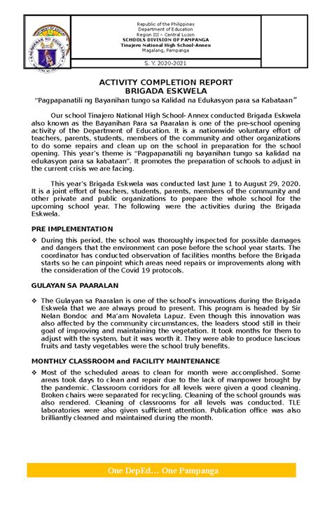 BE ACR 2020 Sample Of Brigada Eskwela Report Republic Of The