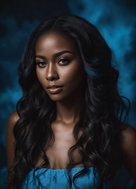 Lexica Beautiful Black Woman Long Wavy Black And White Image With Blue Haze Brown Eyes In