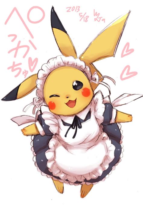 Anime Picture Search Engine Apron Cosplay Dress Maid Maid Headdress Pikachu Pokemon Wink