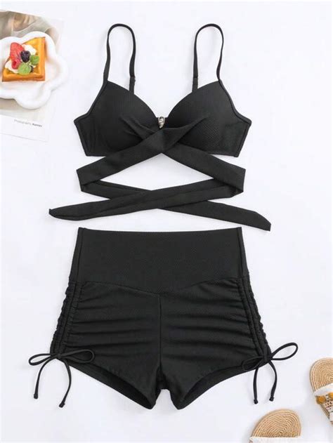 Shein Swim Basics Criss Cross Push Up Drawstring Side Bikini Swimsuit