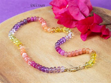 Solid Gold 14k Silk Knotted Sunset Inspired Multi Gemstone Necklace Valltasy