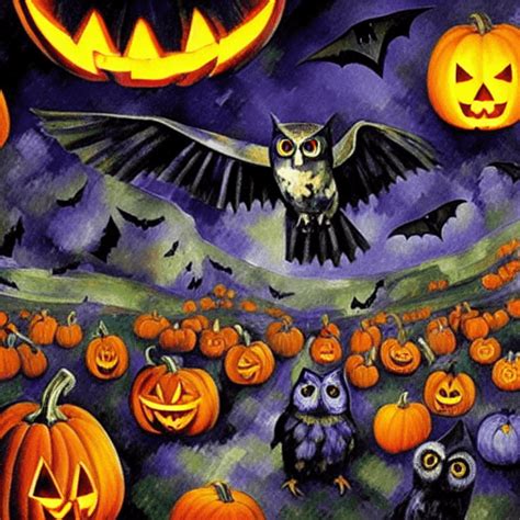 Halloween Galaxy With Mystic Owl Ravens Bats Cauldrons In Flames And