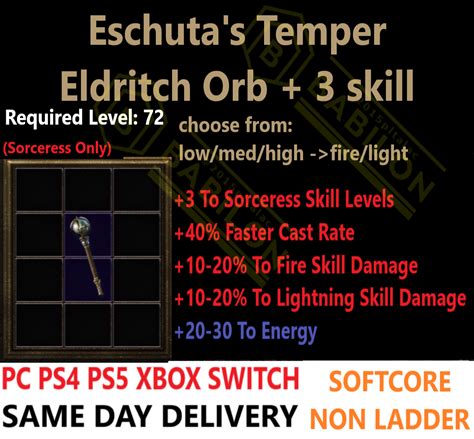 PC PS4 PS5 XBOX SWITCH Eschuta Temper Non LD Diablo 2 Resurrected Items