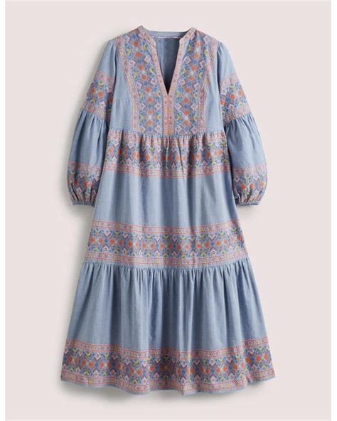 Boden Tiered Embroidered Maxi Dress Light Chambray In Blue Lyst