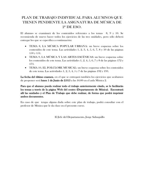 Plan De Trabajo Para La Recuperaci N Del Rea De M Sica De 2 ESO Tercer