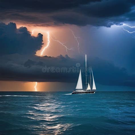 Yacht Sailing In A Storm With Lightning And Stock Photo Image Of Sail