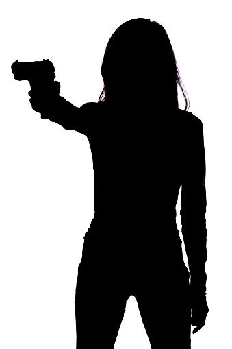 Silhouette Of Woman With Handgun On White Background Stock Photo