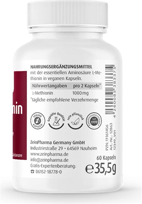 L Methionin Mg Kapseln Zeinpharma Vitalabo