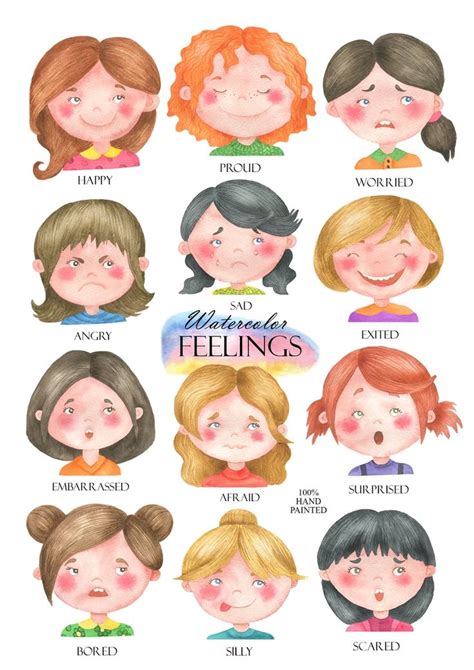 Watercolor Emotions Clipart, Feelings Clip Art, Girl Faces, Montessori ...