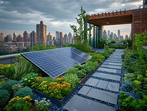 Urban Rooftop Garden With Integrated Solar Panels Overlooking A City