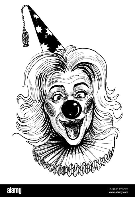 Funny Looking Female Clown Ink Black And White Drawing Stock Photo Alamy