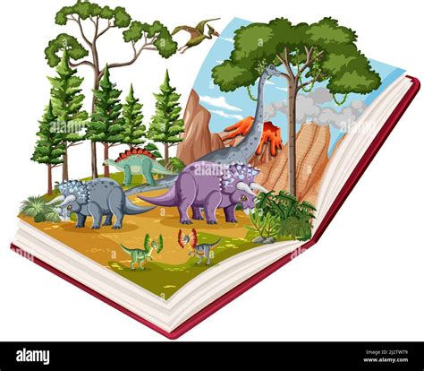 Book With Scene Of Dinosaurs In Forest Illustration Stock Vector Image