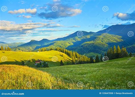 Mountain Summer Landscape With Wooded Green Hills Beautiful Sunny