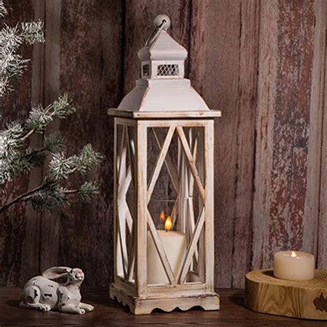 Glitzhome Farmhouse Wood Metal Lanterns Decorative Hanging Candle Lanterns White Set Of 2 No