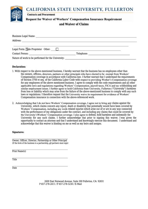 Request For Waiver Of Workers Compensation Insurance Requirement And Waiver Of Claims Printable