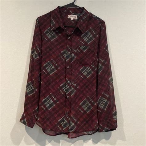 Nanette Lepore Red And Black Plaid Sheer Button Down Depop