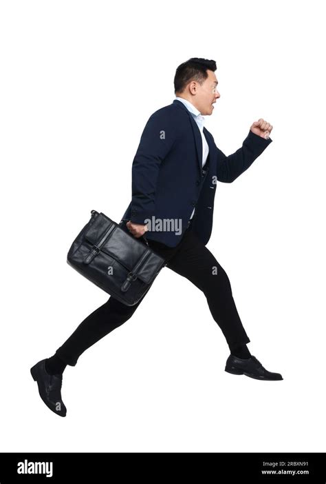 Businessman In Suit With Briefcase Running On White Background Stock