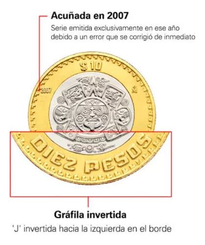 1 Moneda De 10 Pesos Grafila Invertida Circulada Buen Estado Envío Gratis