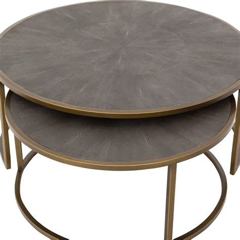 Ena Modern Regency Antique Brass Shagreen Round Nesting Round Coffee Table