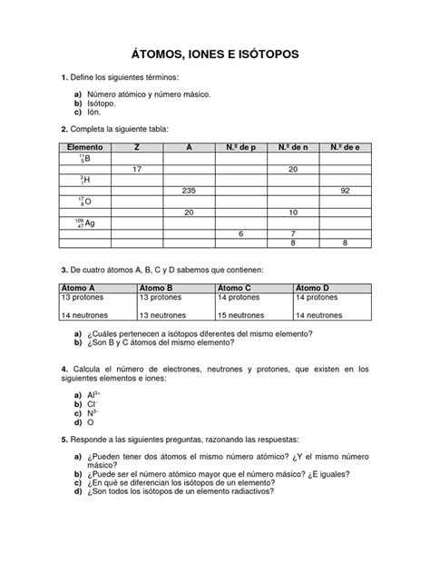 Ejercicios Atomos Isotopos Iones Pdf Pdf Isótopo Protón