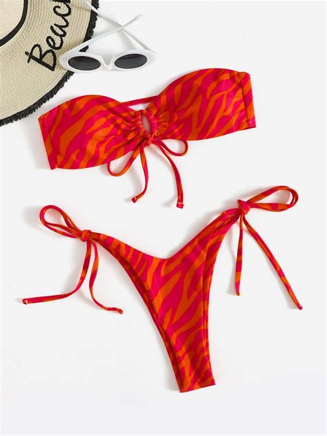 SHEIN Swim Zebra Stripe Bikini Set Cut Out Bandeau Bra Thong Bottom 2