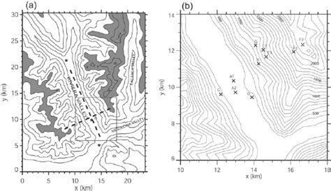 (a) Topography of the Riviera Valley and surroundings. Contour lines ...