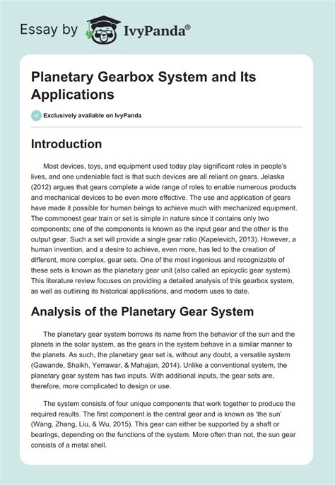 Planetary Gearbox System and Its Applications - 2204 Words | Essay Example