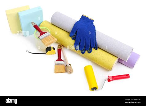 Wallpaper and accessories for glue wallpaper, isolated on white Stock ...