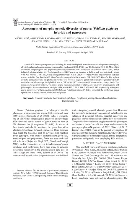 Pdf Assessment Of Morpho Genetic Diversity Of Guava Psidium Guajava