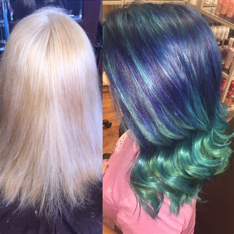 Before And After Hair Color Using Pravana Vivids Blue To Teal Balayage