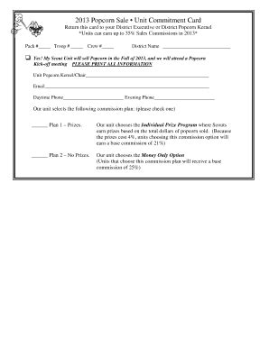 Fillable Online Goldenspread 2013 Popcorn Sale Committment Form Single