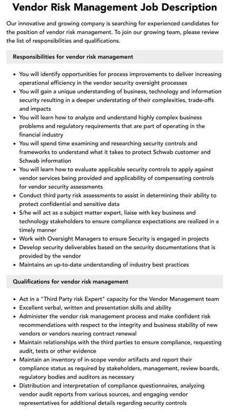 Vendor Risk Management Job Description Velvet Jobs