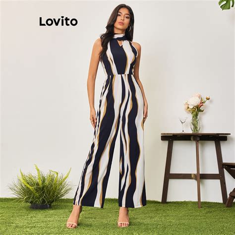 Lovito Women Casual Striped Pattern Jumpsuit Lba Blue Shopee