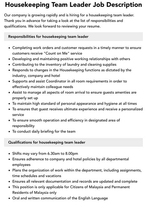 Housekeeping Team Leader Job Description | Velvet Jobs