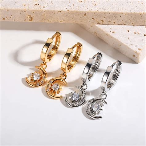 Crescent Moon Star Dazzling Drop Hoop Earrings Stellar Skeleton