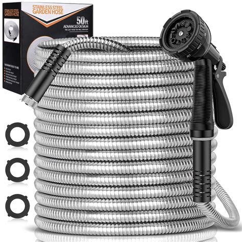 50ft Heavy Duty Metal Garden Hose 304 Stainless Steel 10 Function