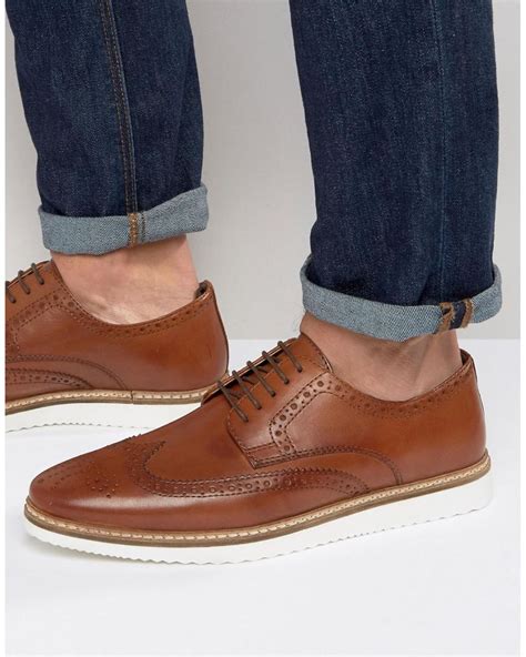 ASOS Brogue Shoes In Tan Leather With White Wedge Sole In Brown For Men