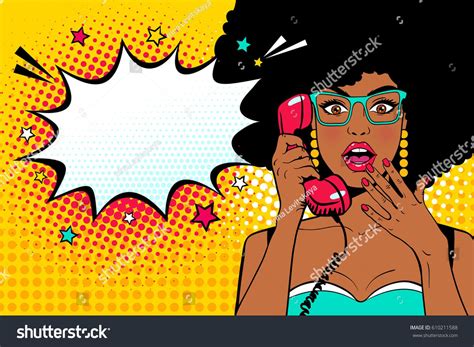 Wow Pop Art Face Sexy Surprised Young African Woman Holding Old Phone