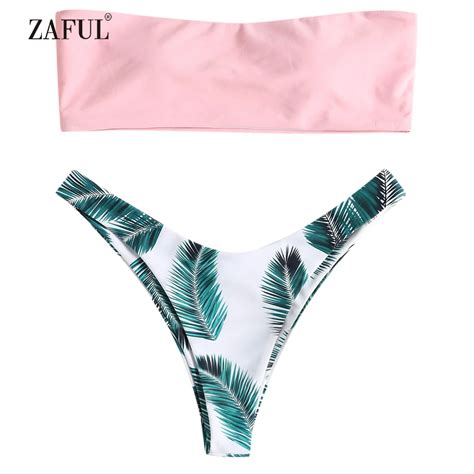 Zaful Bandeau Bikini Leaf Swimwear Women High Cut Swimsuit Sexy