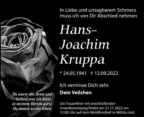 Traueranzeigen Von Hans Joachim Kruppa Trauer Anzeigen De