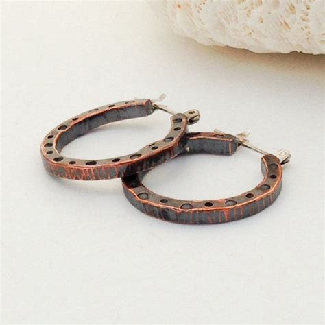 Hammered Copper Hoop Earrings Mixed Metal Boho Chic Artisan Handcrafted