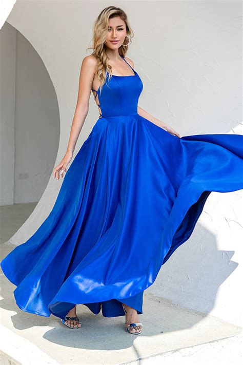 Zapakasa Women Prom Royal Blue Dress Backless Satin Spaghetti Straps Formal Dress With Slit