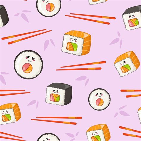 Kawaii sushi brötchen essstäbchen und bambusblätter Premium Vektor