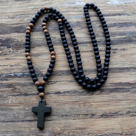 Mm Zwarte Steen Hout Kralen Met Black Stone Cross Hanger Heren