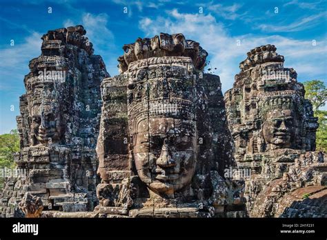 Ancient Stone Faces Of Bayon Temple Angkor Cambodia Stock Photo Alamy