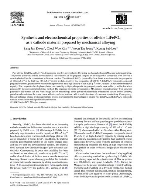 Pdf Synthesis And Electrochemical Properties Of Olivine Lifepo4 As A Cathode Material Prepared