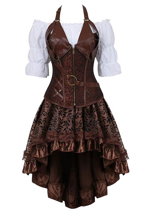 Grebrafan Steampunk Corset Dress 3 Piece Outfits Bustiers