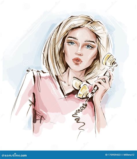 Hand Drawn Beautiful Young Woman Holding Phone Handset Blonde Hair