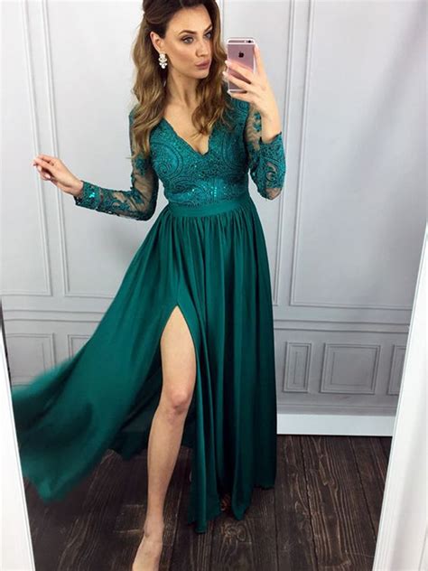 Green A Line Long Sleeves Lace Long Prom Dresses With Leg Slit Long S