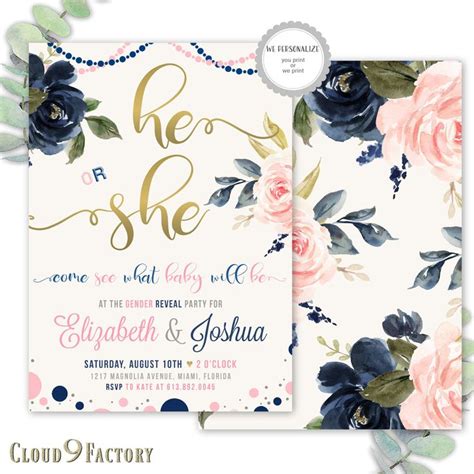 Floral Gender Reveal Invitation Navy Blue And Blush Pink Etsy Canada